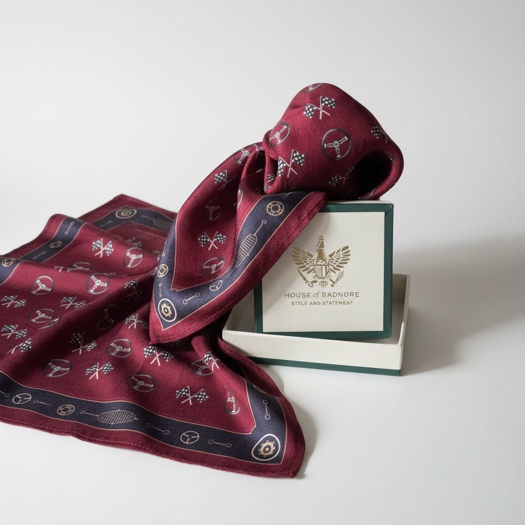 A maroon silk scarf with a navy blue border and gold racing-themed motifs, draped over a matching branded box from House of Badnore.