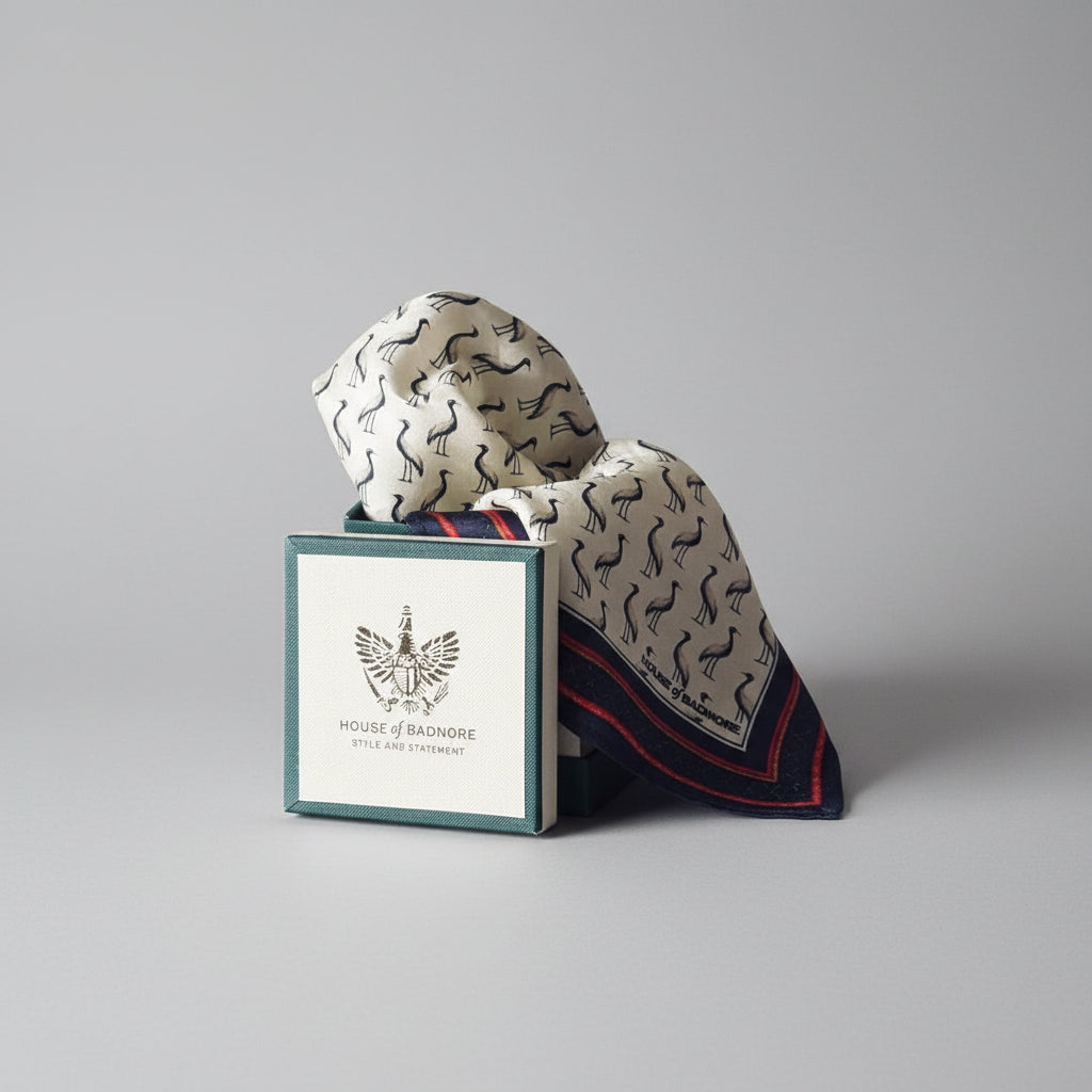 A House of Badnore scarf with a black crane pattern on a cream background, draped over its branded cream box.