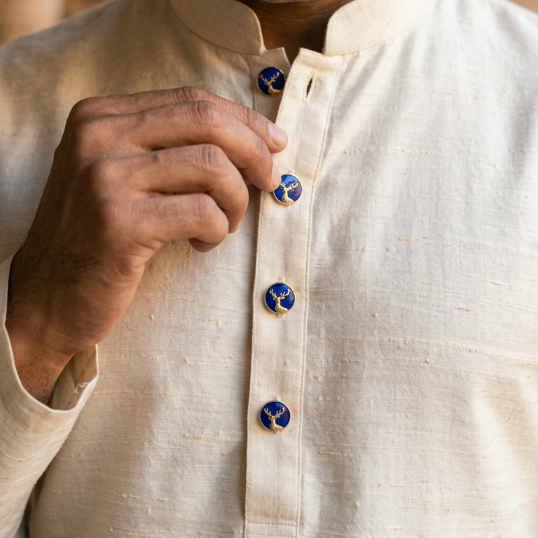 A close-up of a man wearing a cream-colored linen kurta with blue and gold buttons with a deer head motif.