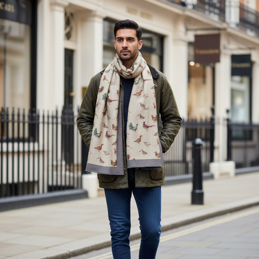 Man wearing a patterned scarf, green jacket, blue jeans, and brown shoes on a city street.