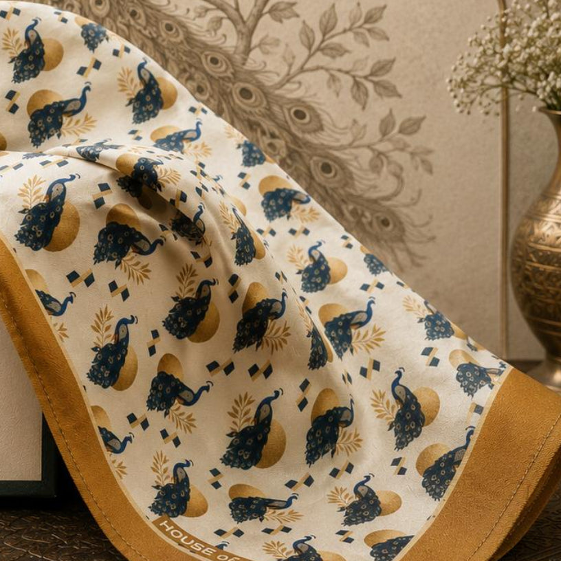 An ivory scarf with navy blue peacock motifs and mustard border.