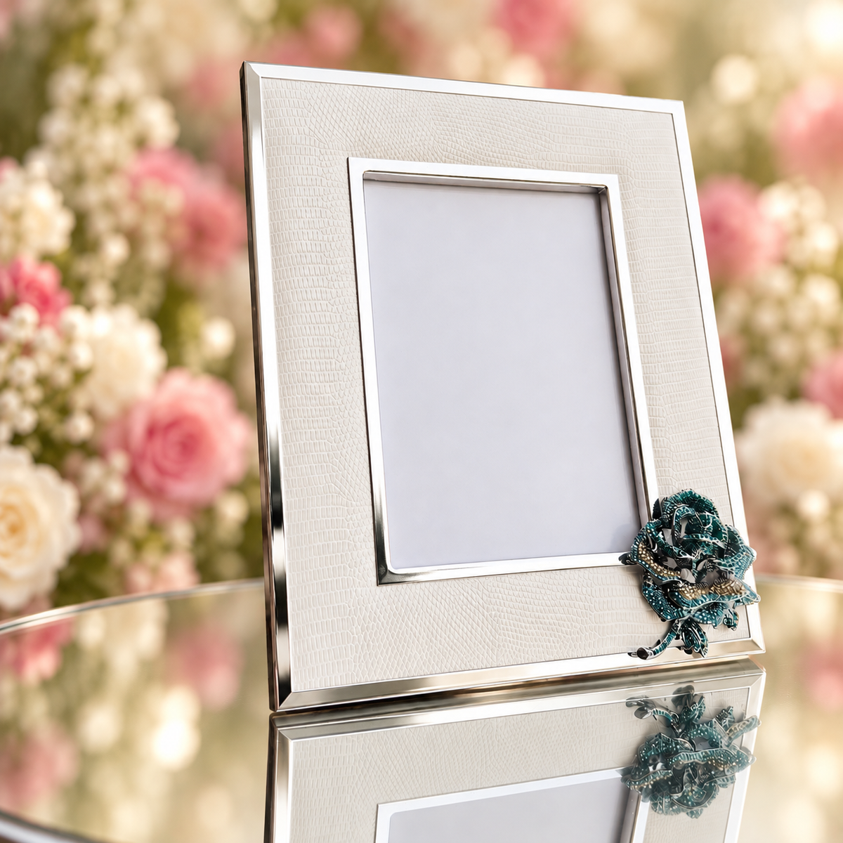 A white and silver picture frame with a decorative blue rose embellishment in the lower right corner, shown on a reflective surface with a soft-focus floral background.
