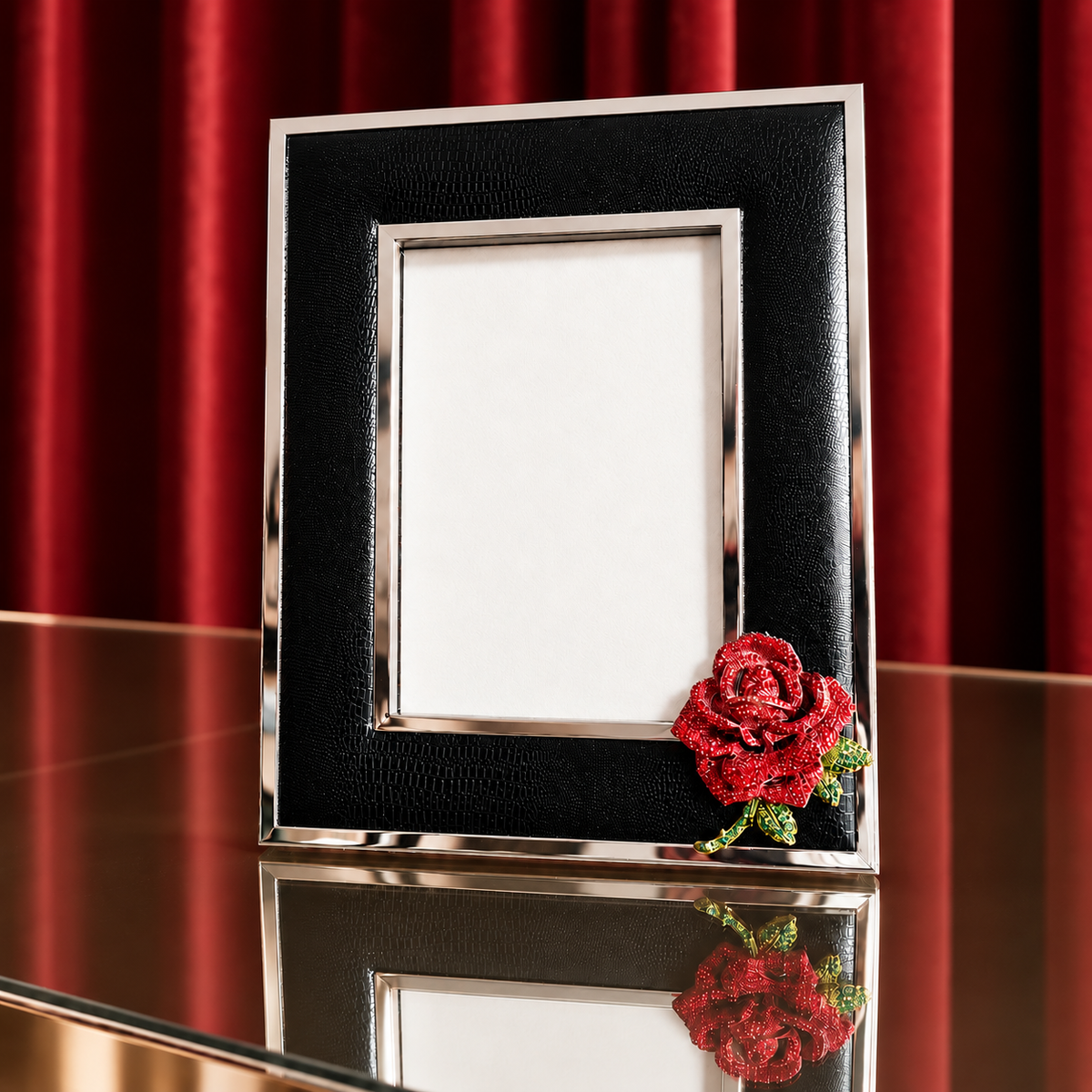 A black and silver picture frame with a red rose embellishment in the lower right corner, displayed on a reflective surface with red curtains in the background.