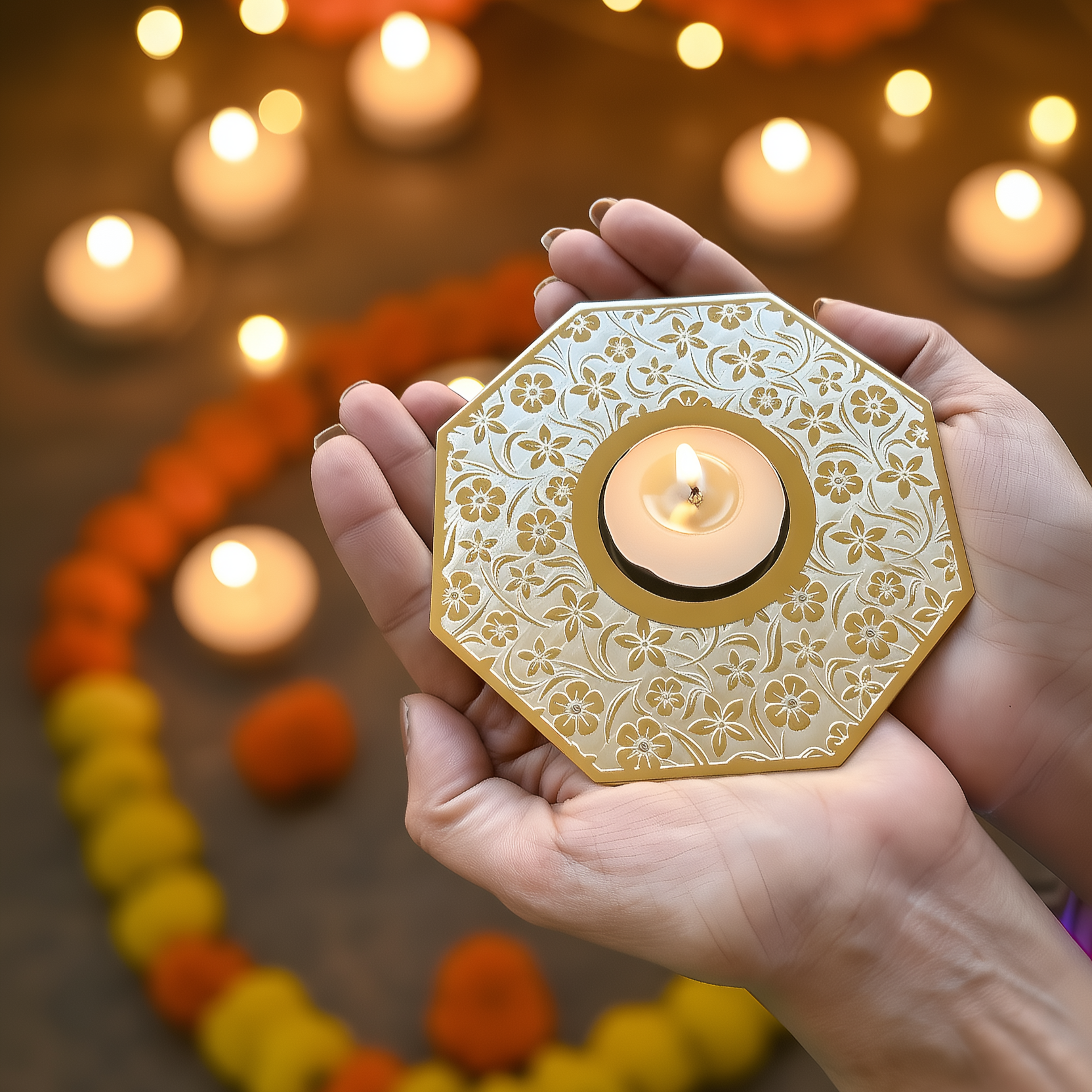 Decorative candle holder with a lit candle held by a hand against a festive background with lights and decorations.