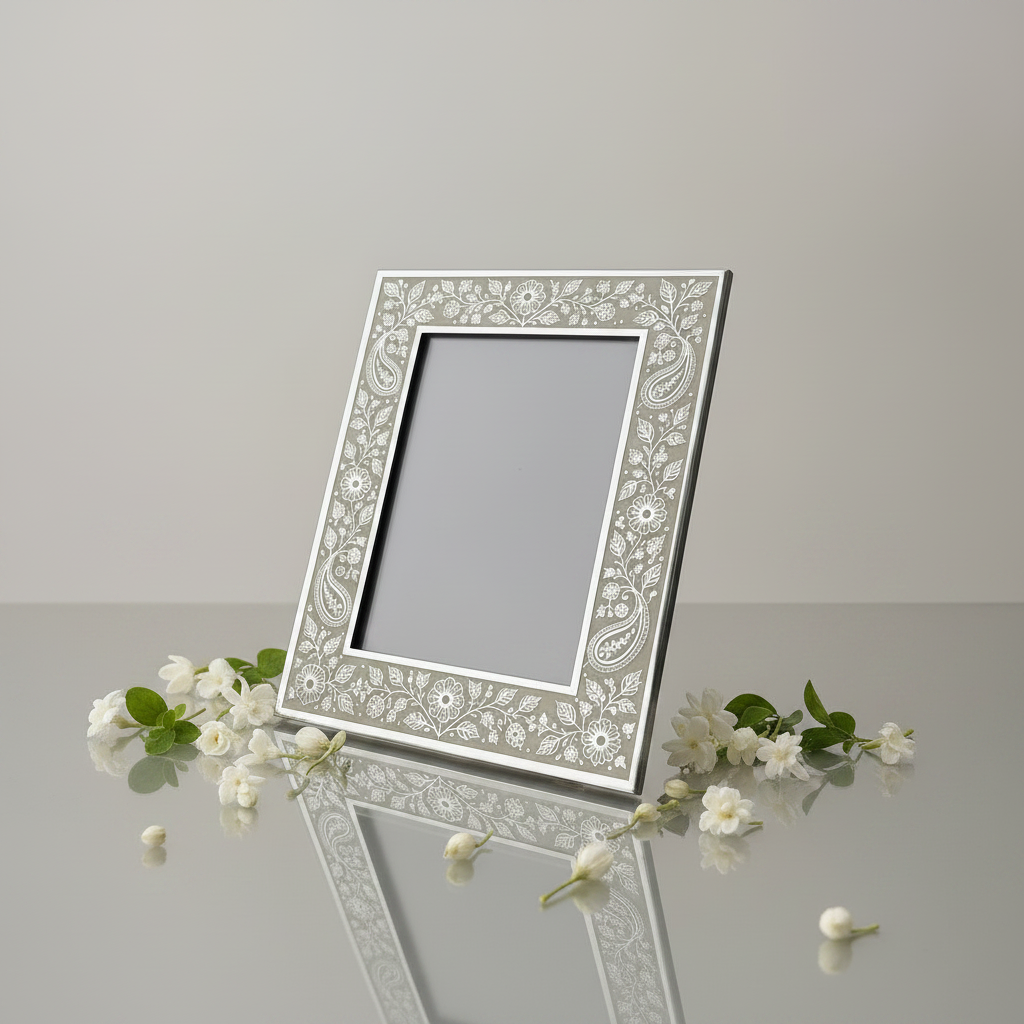 An ornate rectangular picture frame with a silver paisley and floral patterned border.