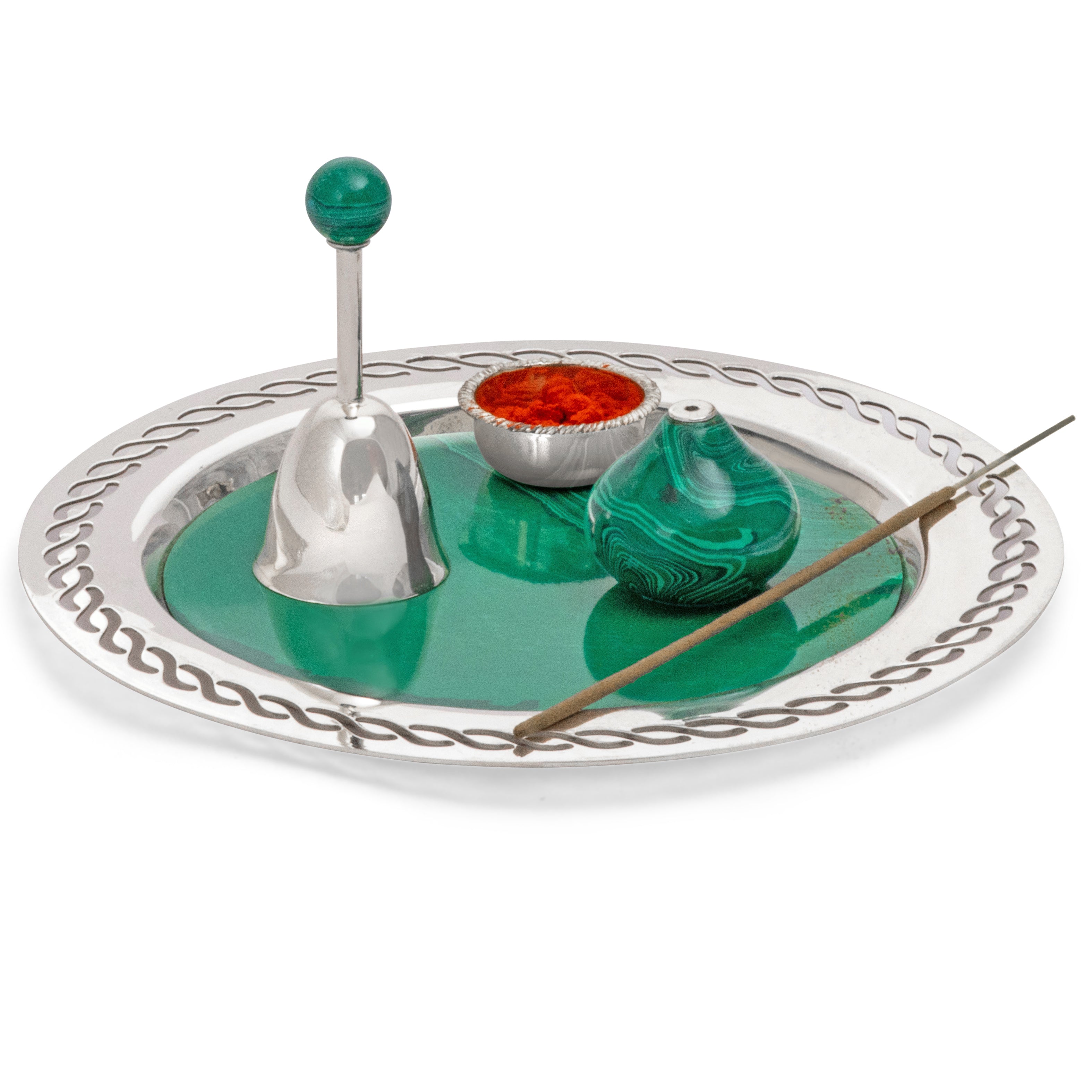 Decorative tray with silver and green elements on a white background