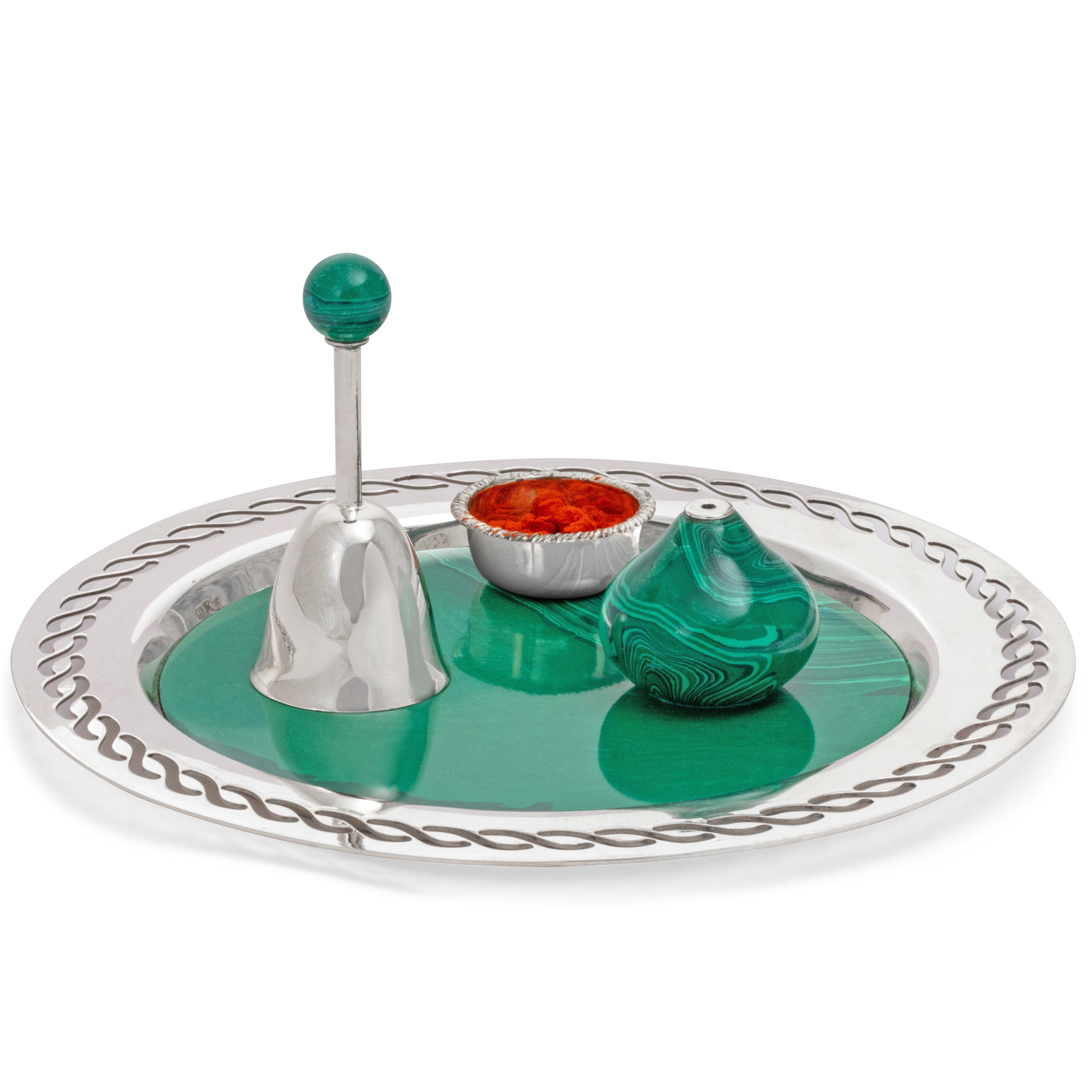 Decorative tray with silver base, green stones, and a small bowl on a white background