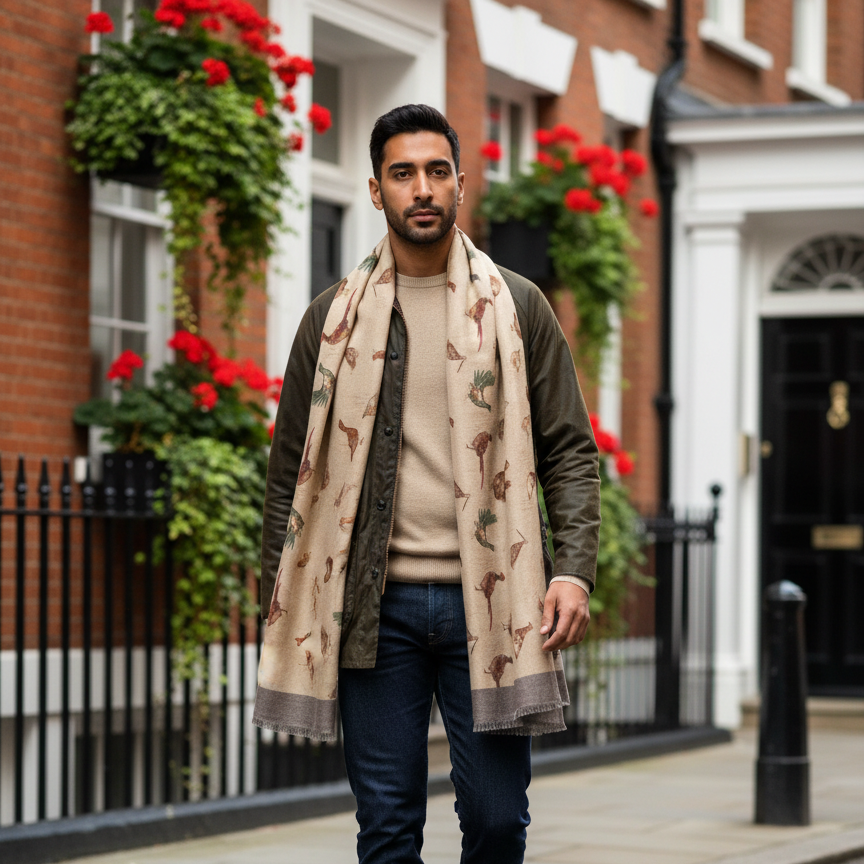 Man walking on a street wearing a beige sweater, green jacket, and patterned scarf.