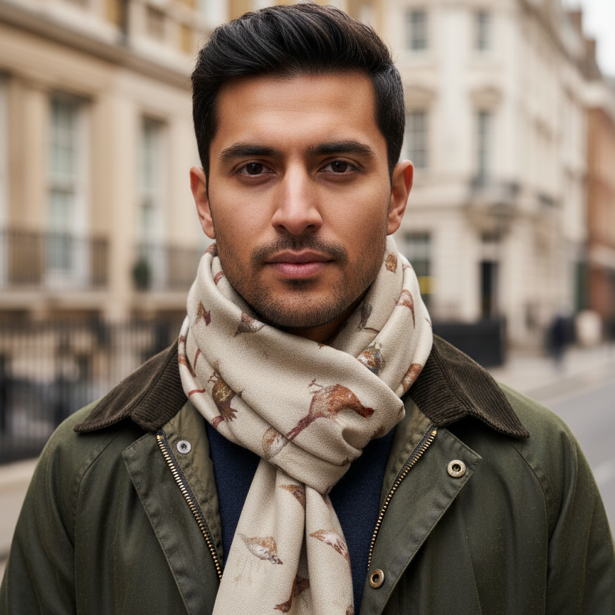 Man wearing a patterned scarf and green jacket in an urban setting