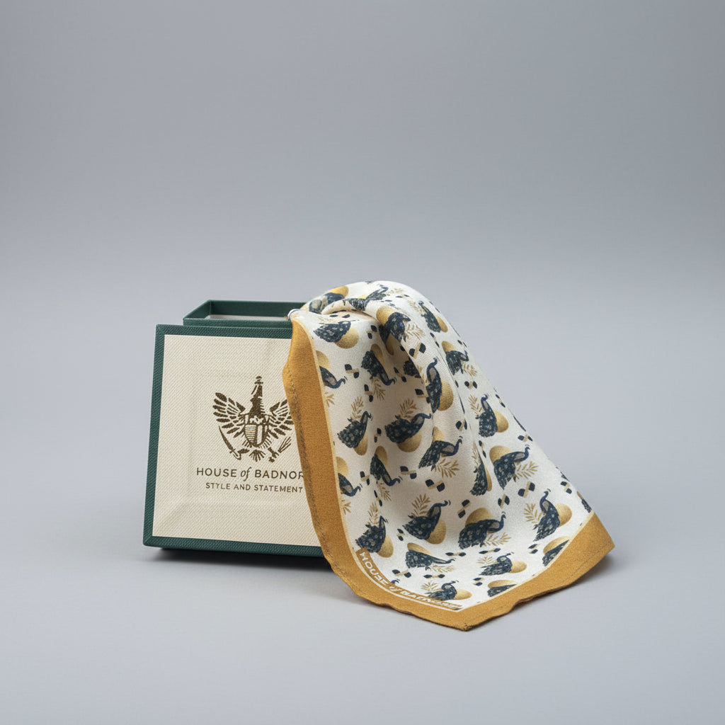 A folded and draped scarf with a peacock pattern, displayed next to its branded presentation box. The scarf has a cream background with navy blue and gold peacock motifs and a gold border.