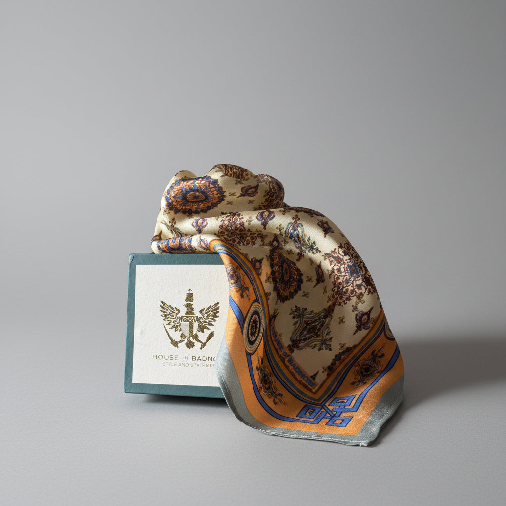 A folded patterned scarf with orange, blue, and beige tones is draped over a square card labeled HOUSE OF BADNG, placed on a matching patterned textile surface.