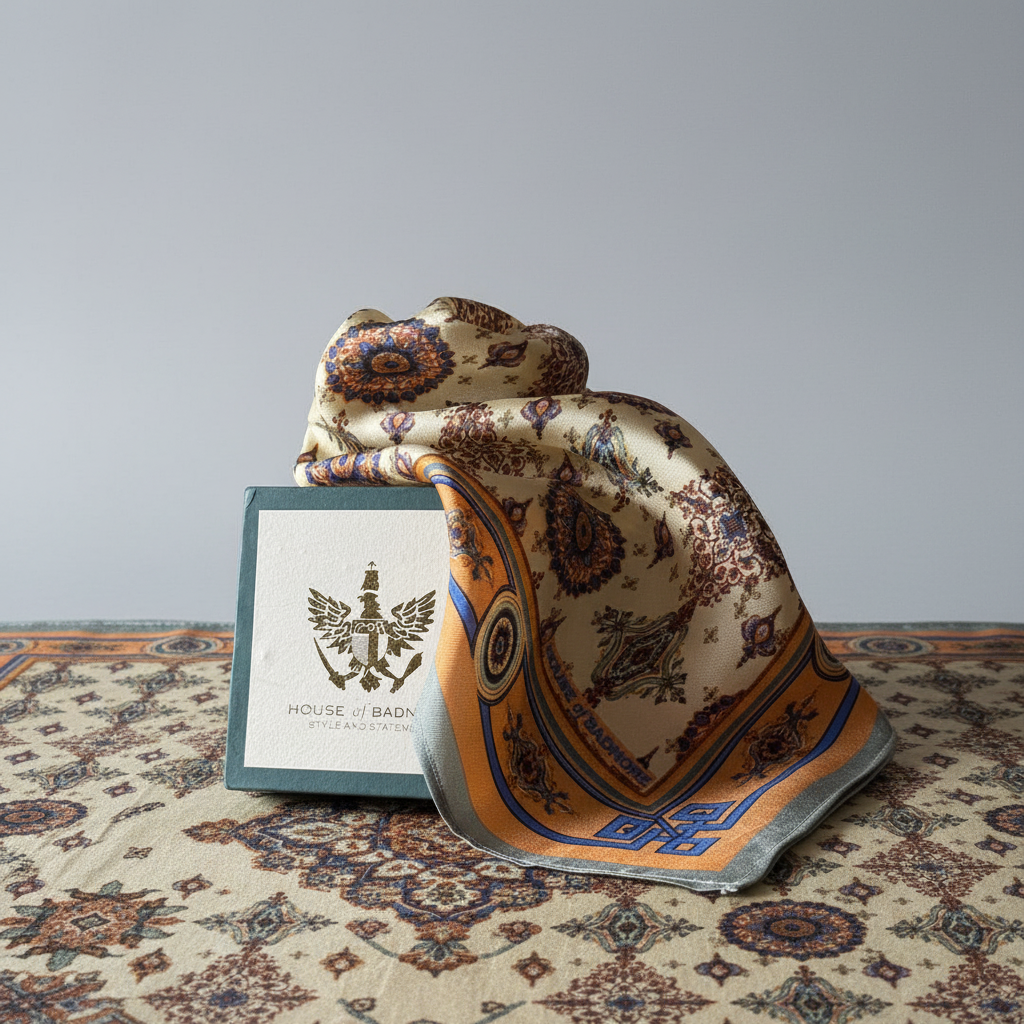 A folded patterned silk scarf in beige, orange, and blue is draped over a branded gift box placed on a scarf of the same pattern.