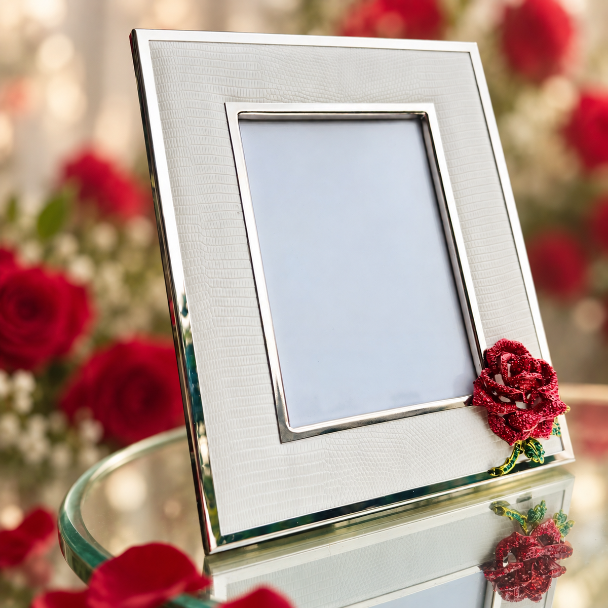 A white and silver picture frame with a decorative red rose embellishment on the lower right corner, displayed on a reflective glass surface with blurred red roses in the background.