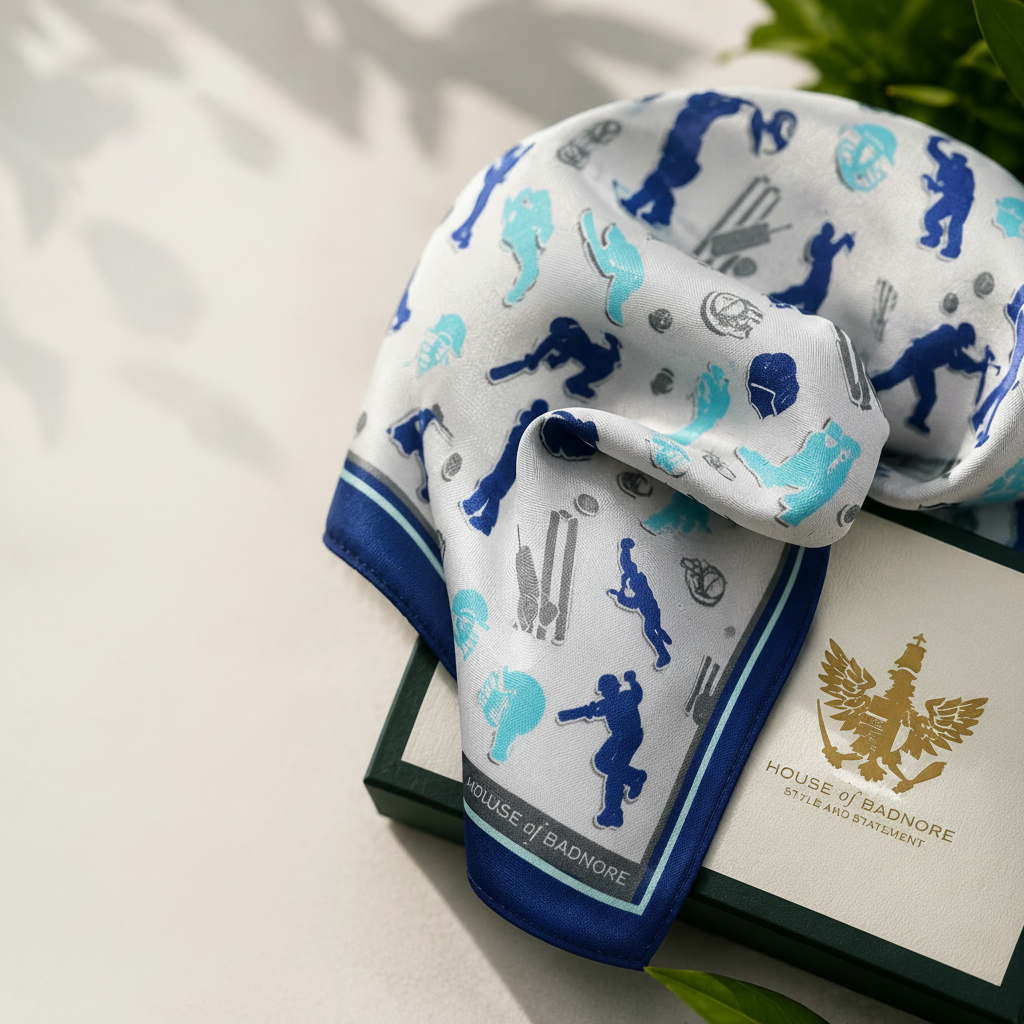 Silk pocket square with sports-themed design in a branded box, featuring House of Badenore logo.